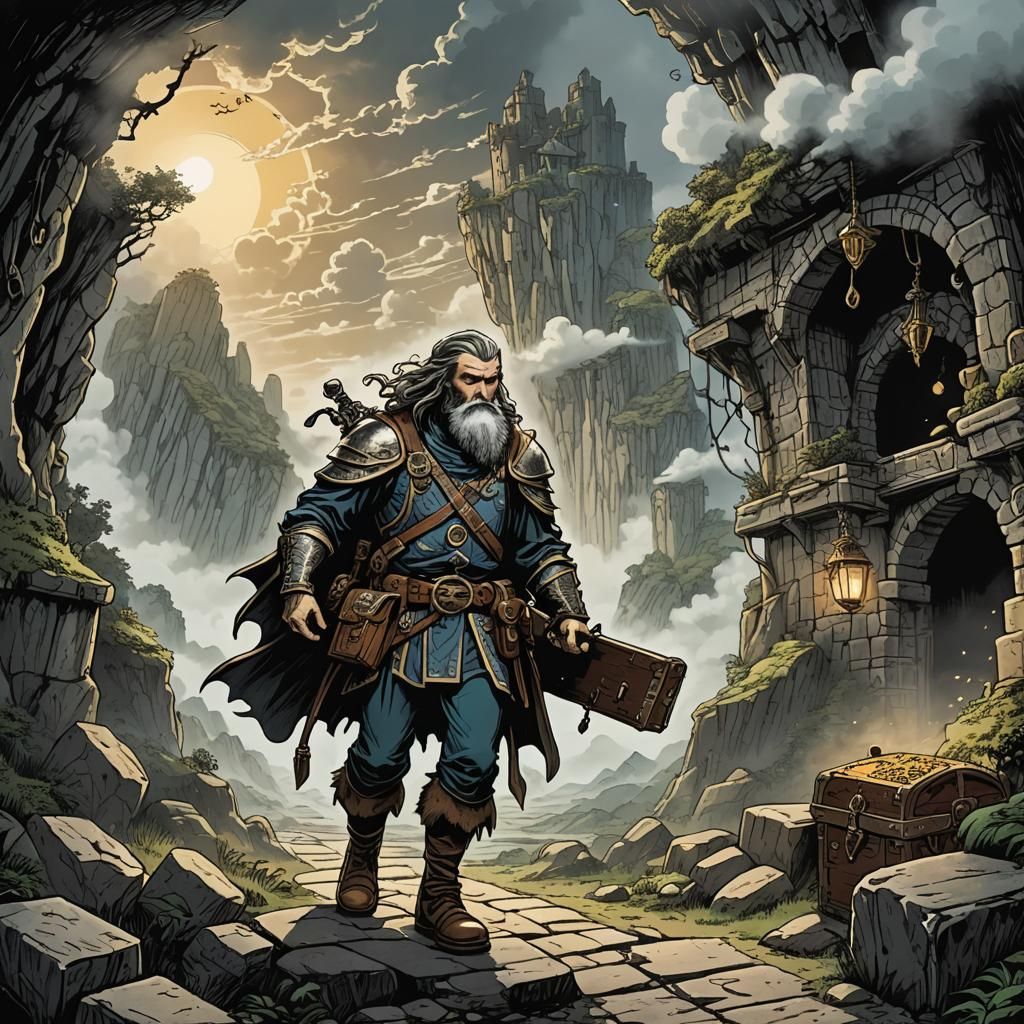 Swordsman Adventurer Discovering Cave Treasure, Hand-Drawn S...