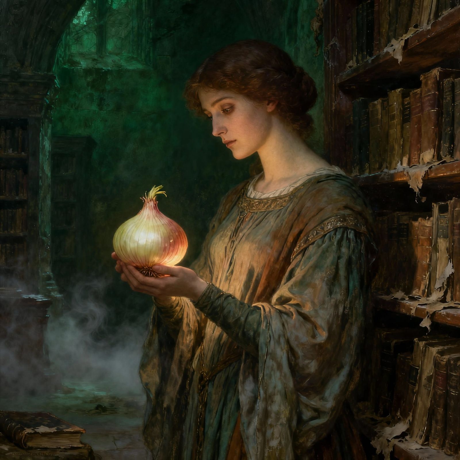 Medieval Woman Holds Illuminated Shallot in Ancient Library