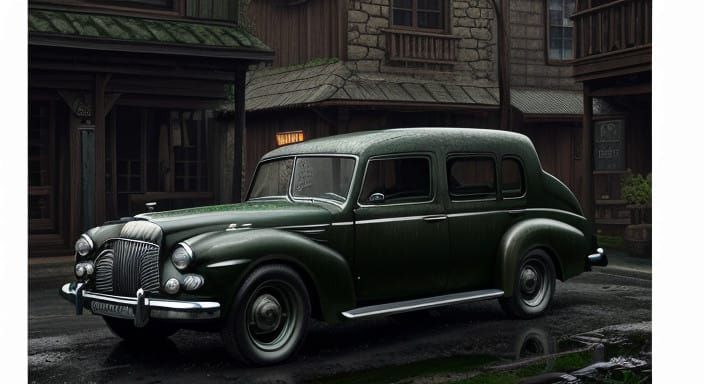 Epic Art Deco Portrait of a Vintage Grey Car with a Green To...