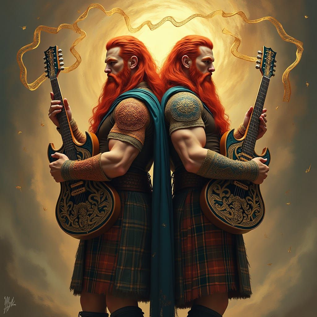 Fantasy Scottish Warriors Unite with Vibrant Guitars and Gol...