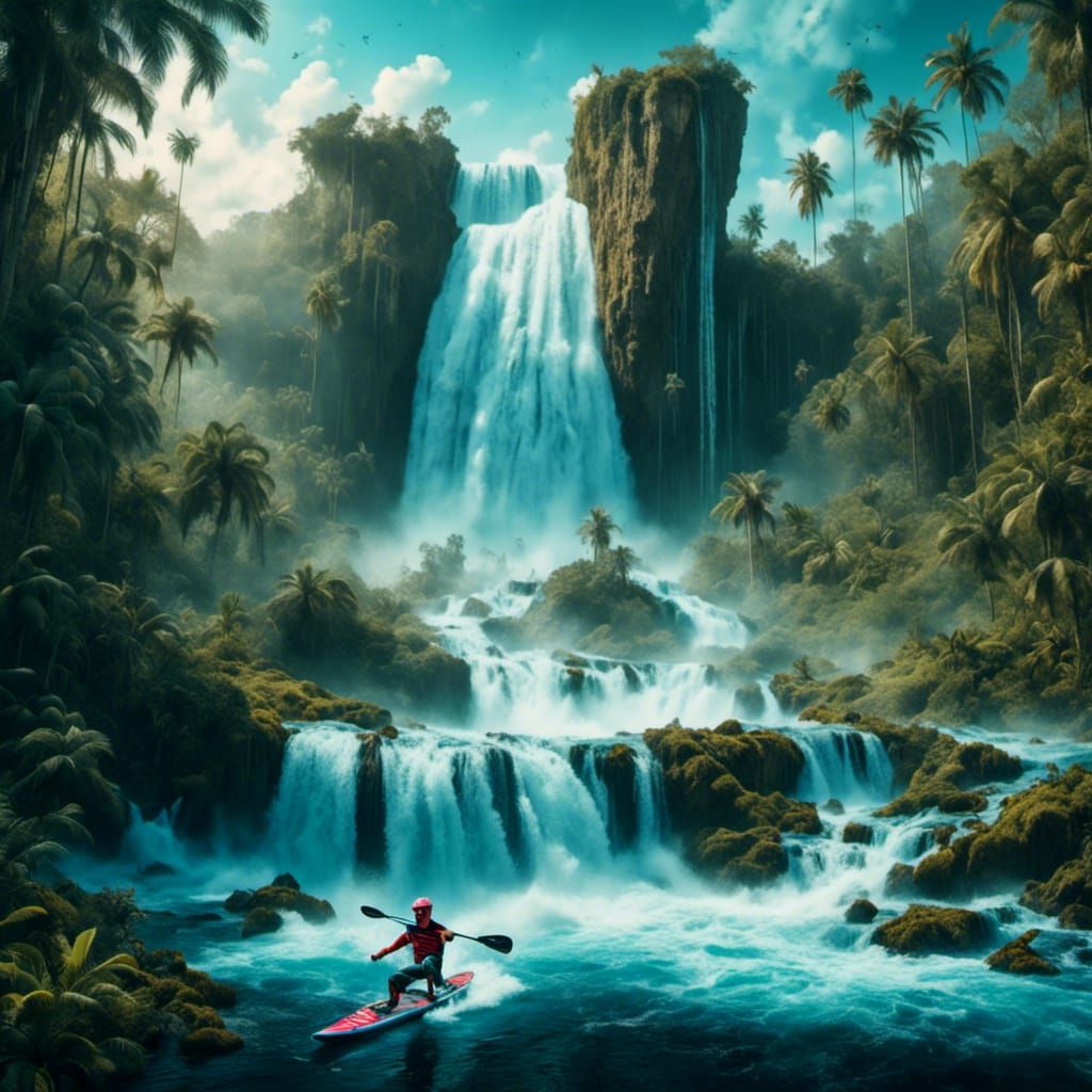 Kayaker Drops Over Waterfall in Surreal Style