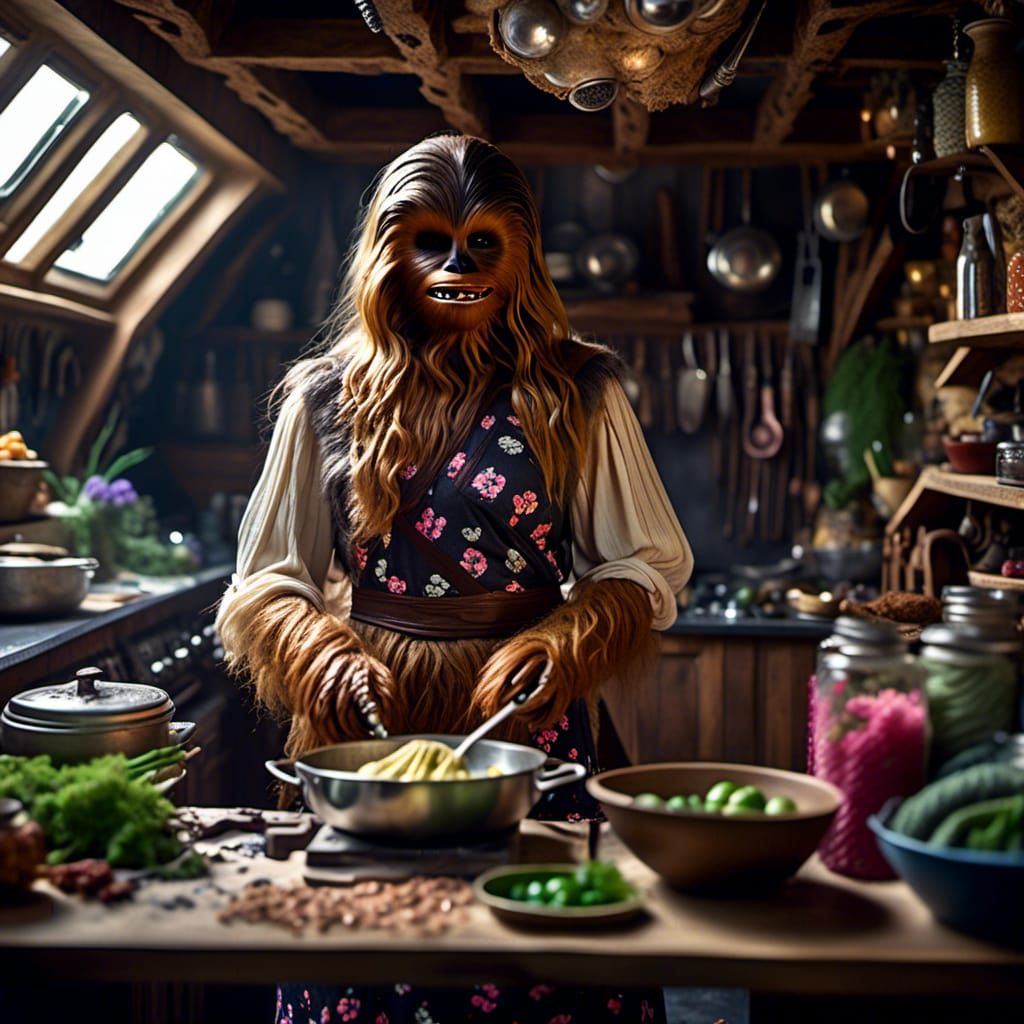 Malla, Chewbacca's wife, cooking in the kitchen of their Kashyyykian home