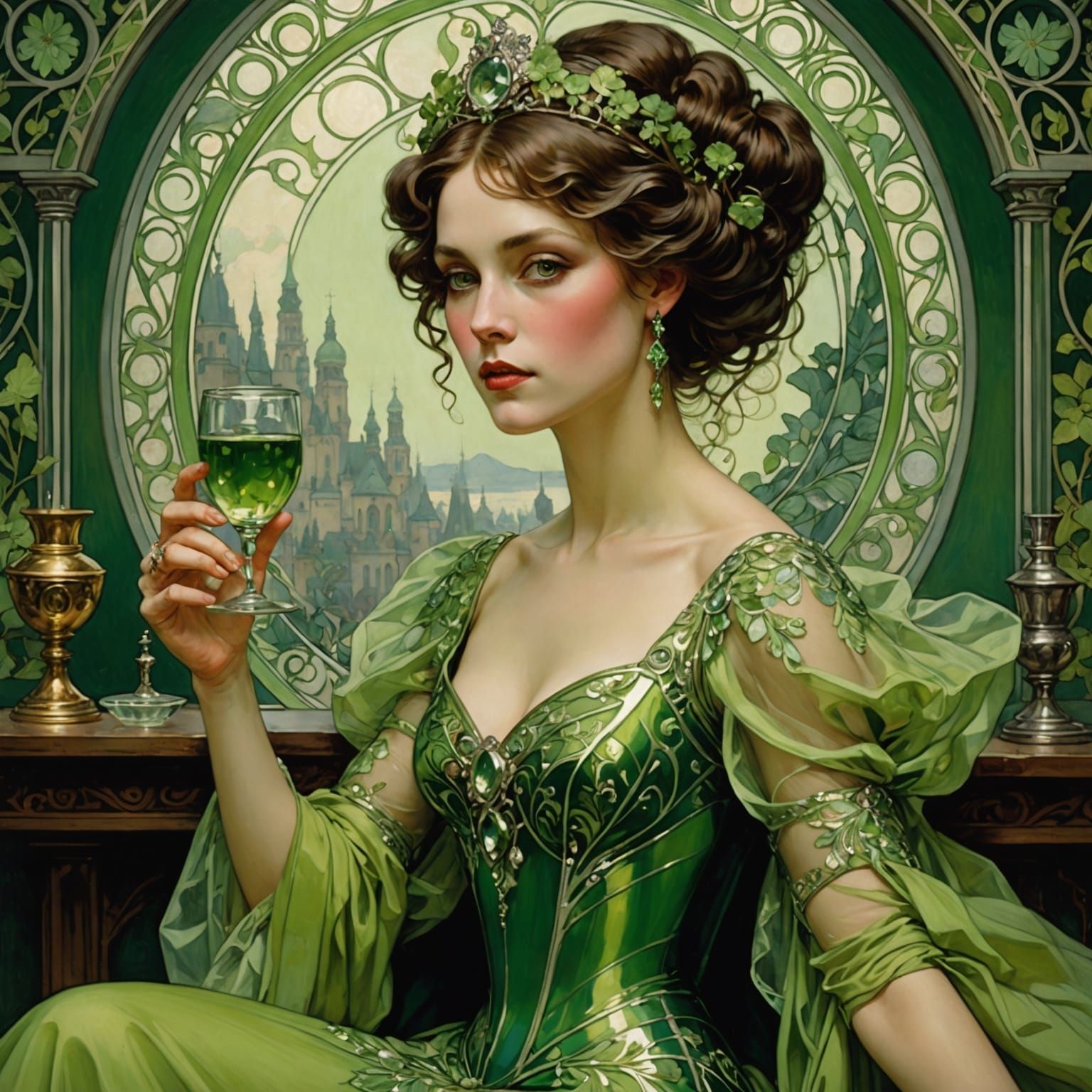 Belle Époque Woman in Green Gown with Absinthe