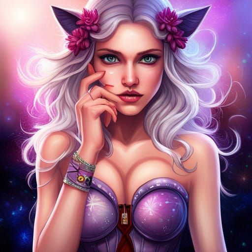 Design a cat girl with a fantasy-inspired appearance, featuring fantastical fur patterns and magical paint splatters. In...