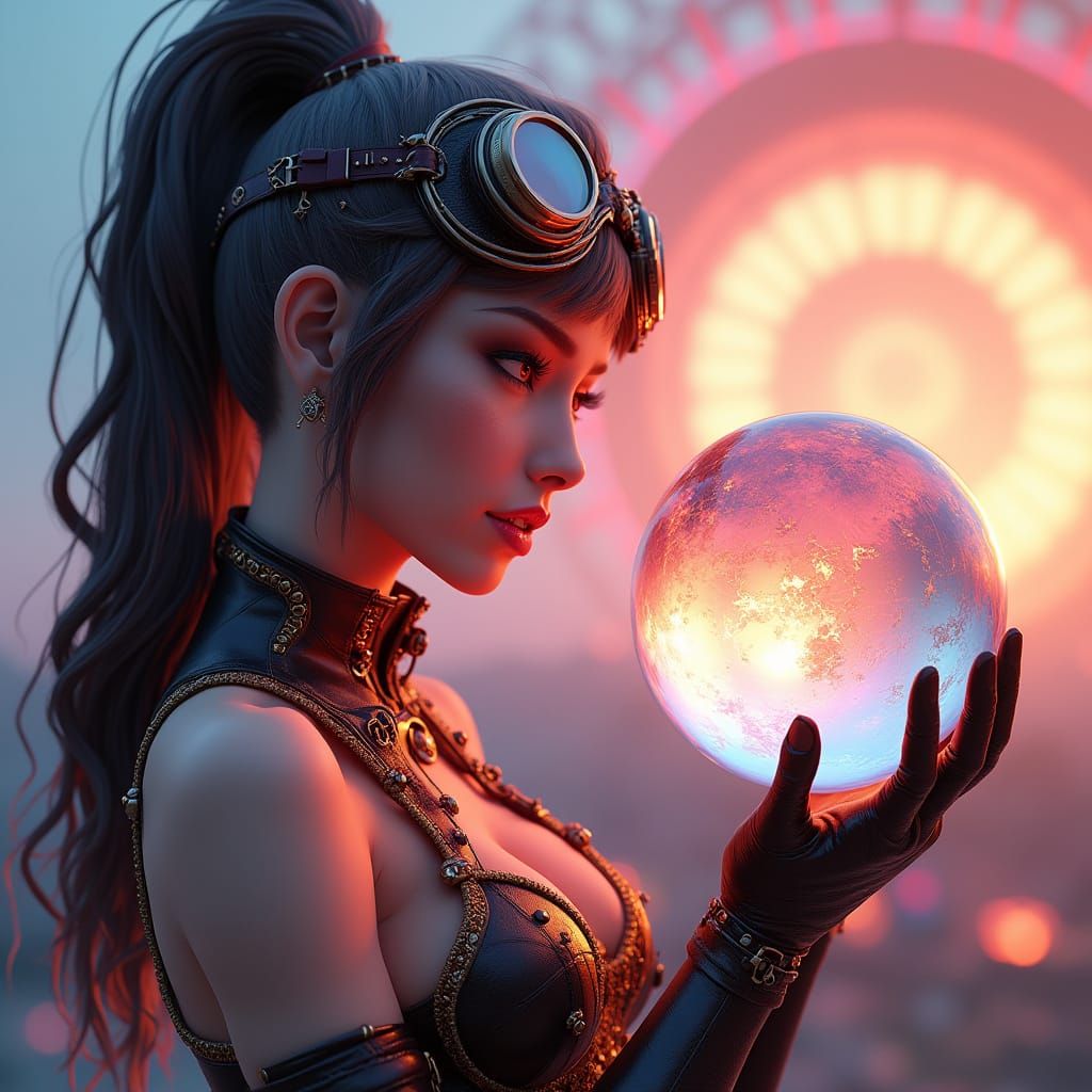 Steampunk Woman and Glowing Globe in Pixar Style