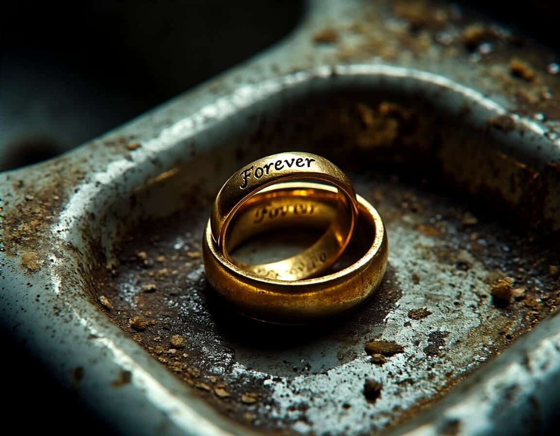 Gold Wedding Ring Engraved 'Forever' in Dirty Sink