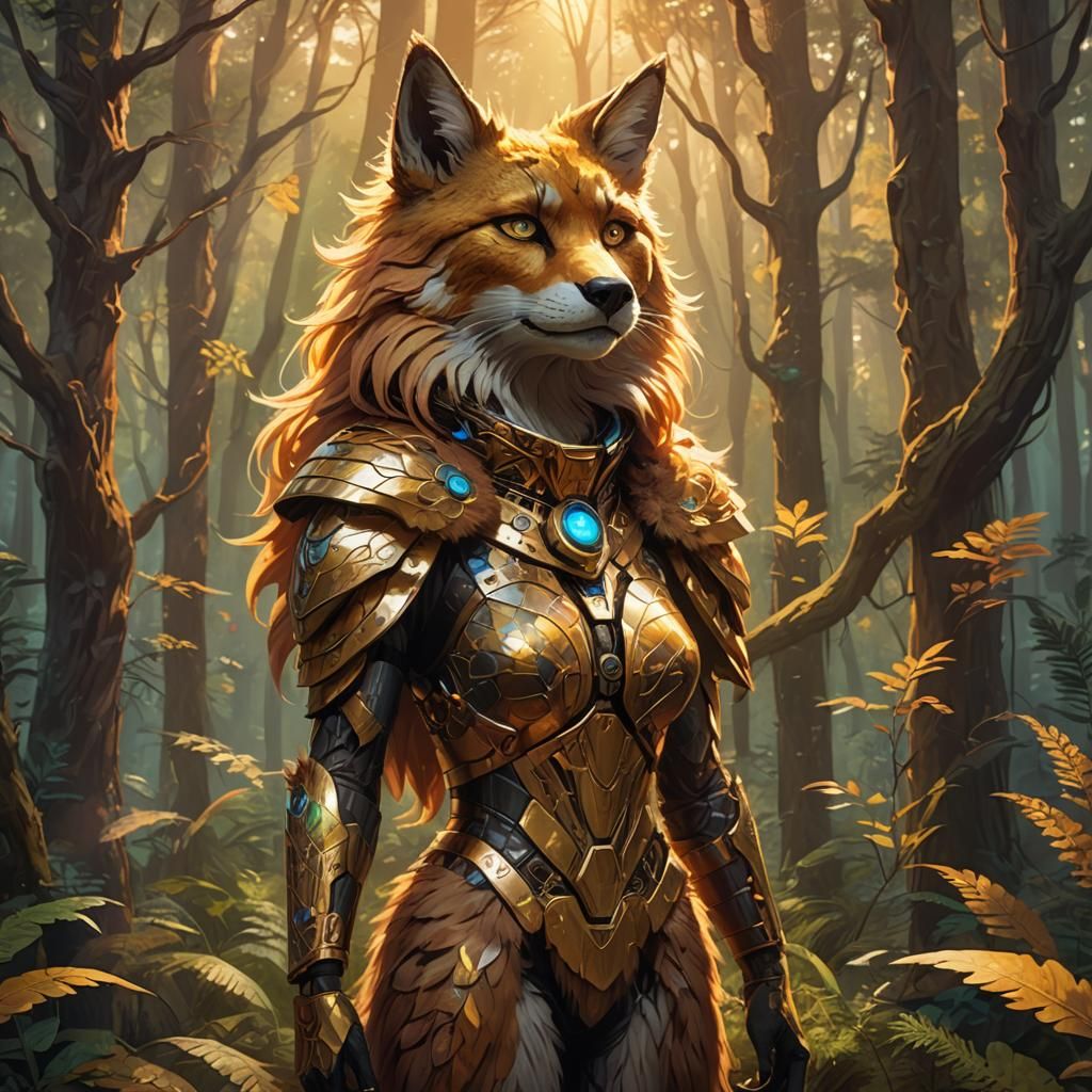 Furry Animatronic in Mystical Forest: Digital Oil Painting