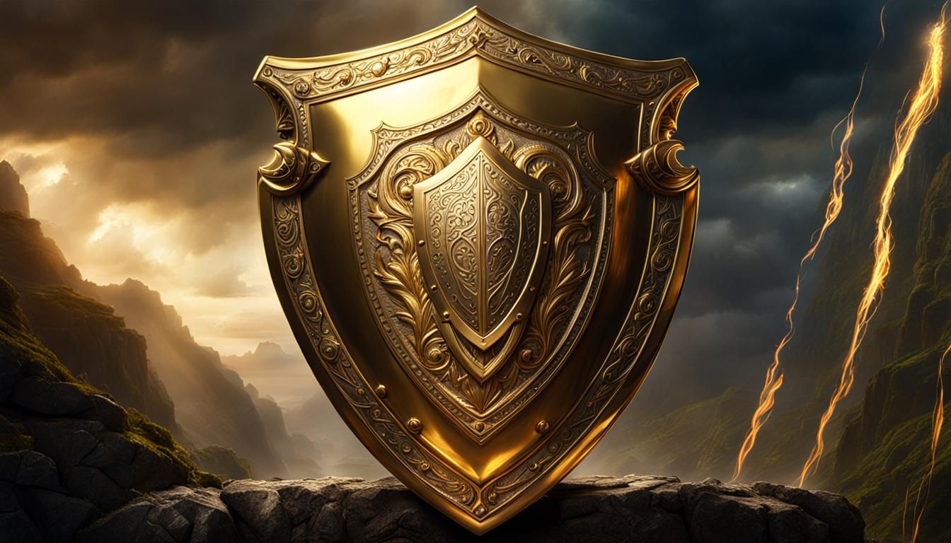 Golden Shield and Sword: Epic Digital Art
