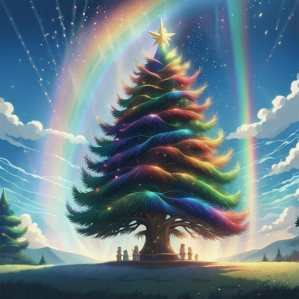 Glitter Rainbow Christmas Tree in Ghibli Anime Style