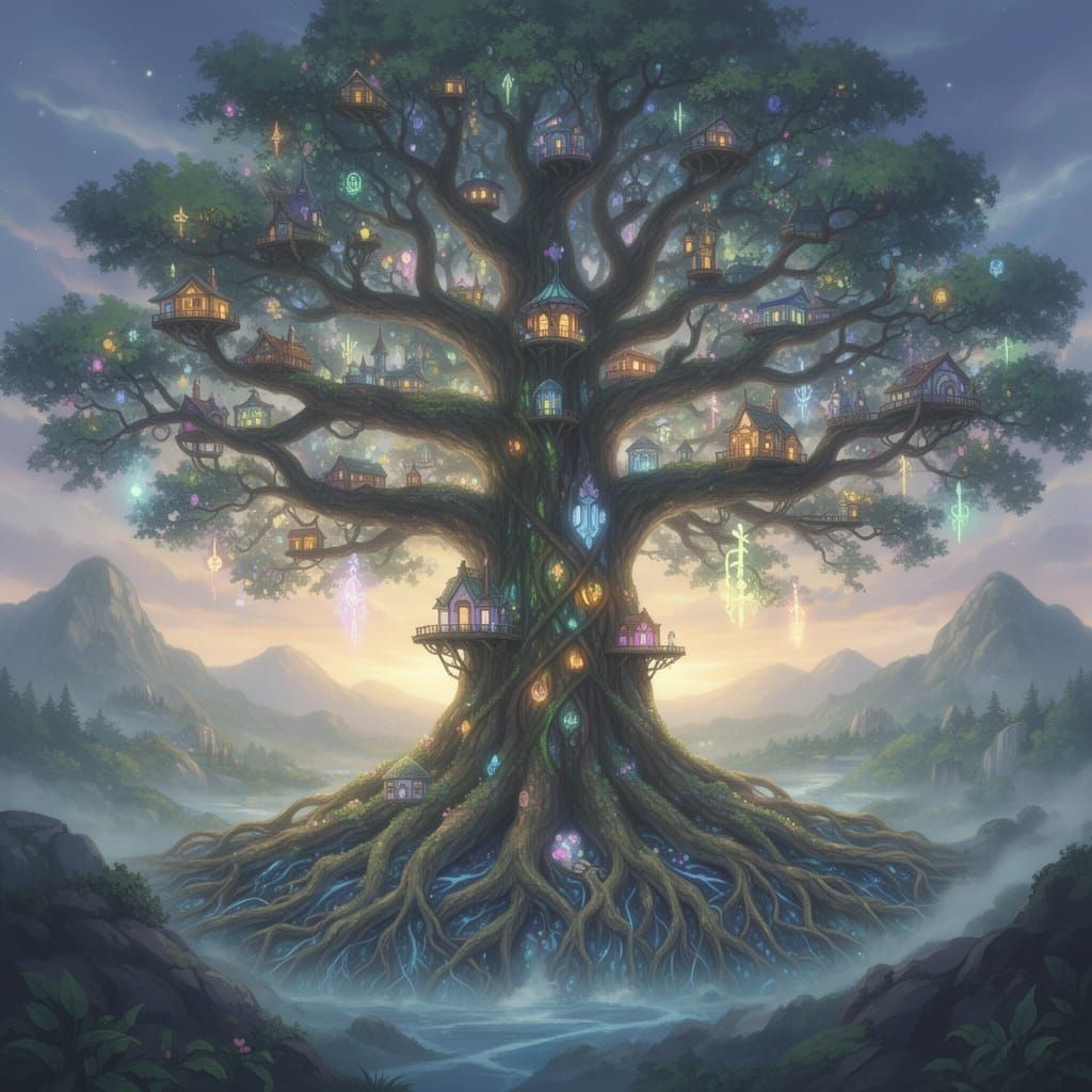 Ancient Tree Symbolizes Global Unity with Illuminated Homes