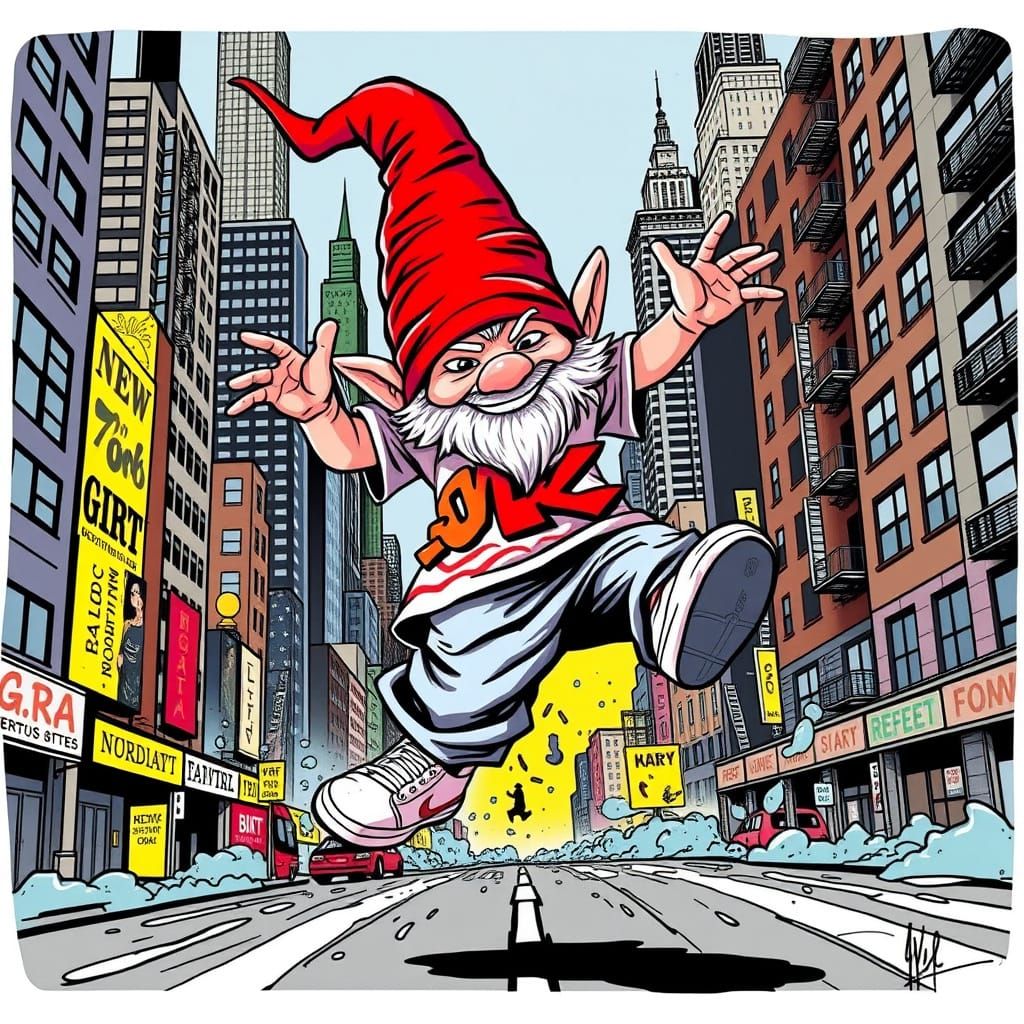 Vibrant Gnome Breakdances Amidst Melting NYC