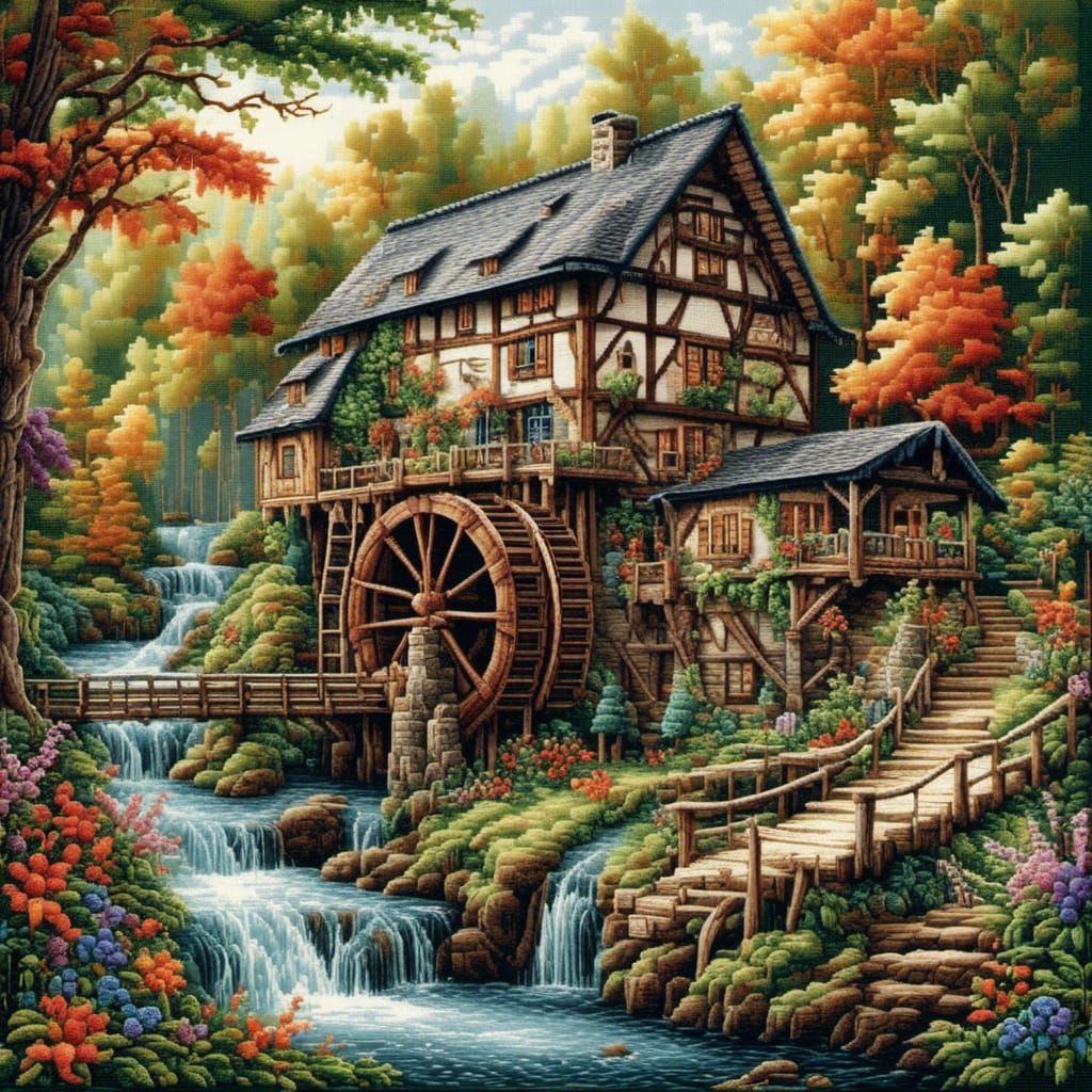 Cross Stitch Watermill in Forest: Hyperrealistic Fantasy Art