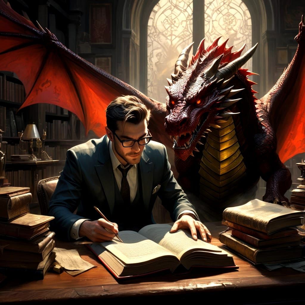 Whimsical Fantasy Scene with Young Man and Dragon