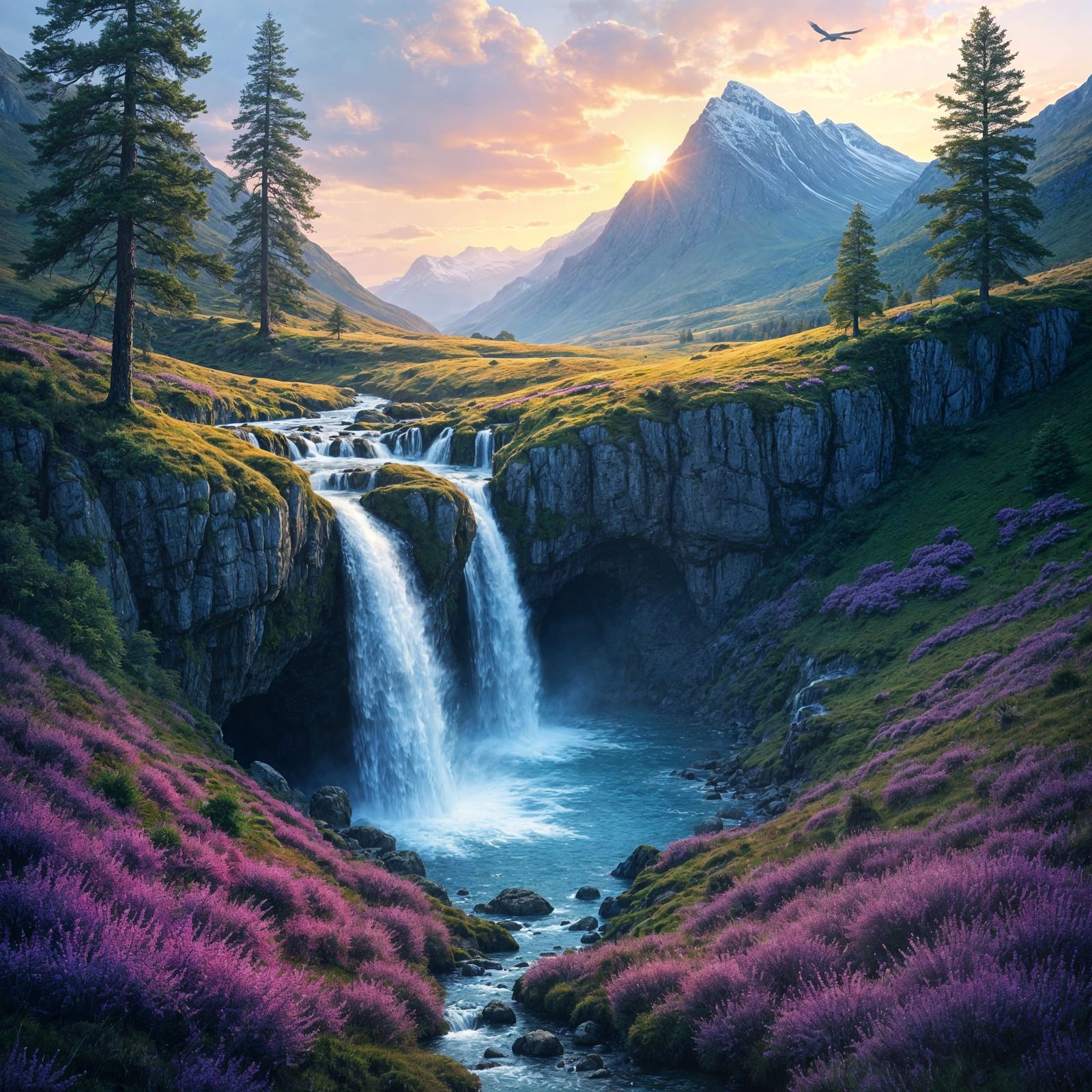 Spectacular Waterfall in Mountains: Award-Winning Fantasy Pa...