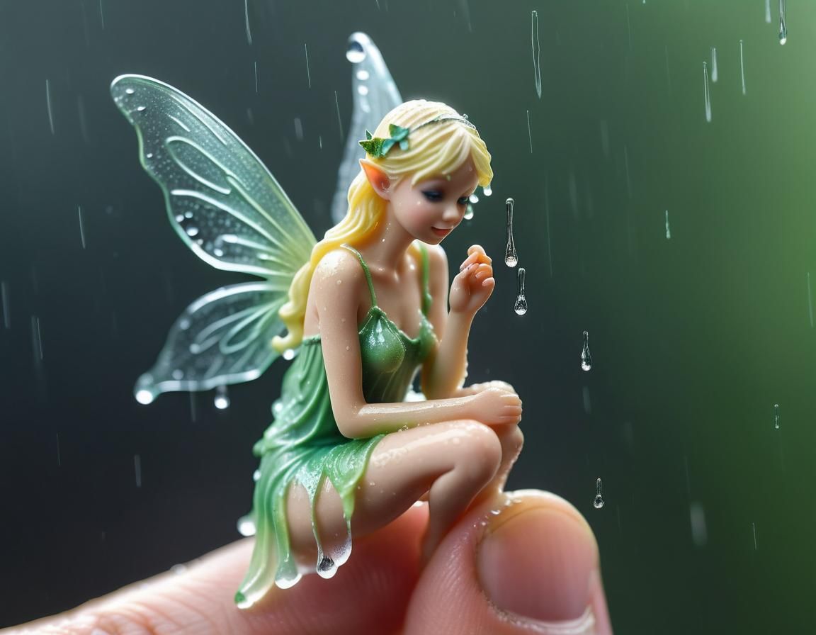 Glimmering Fairy in Rain, Macro Photorealistic Image