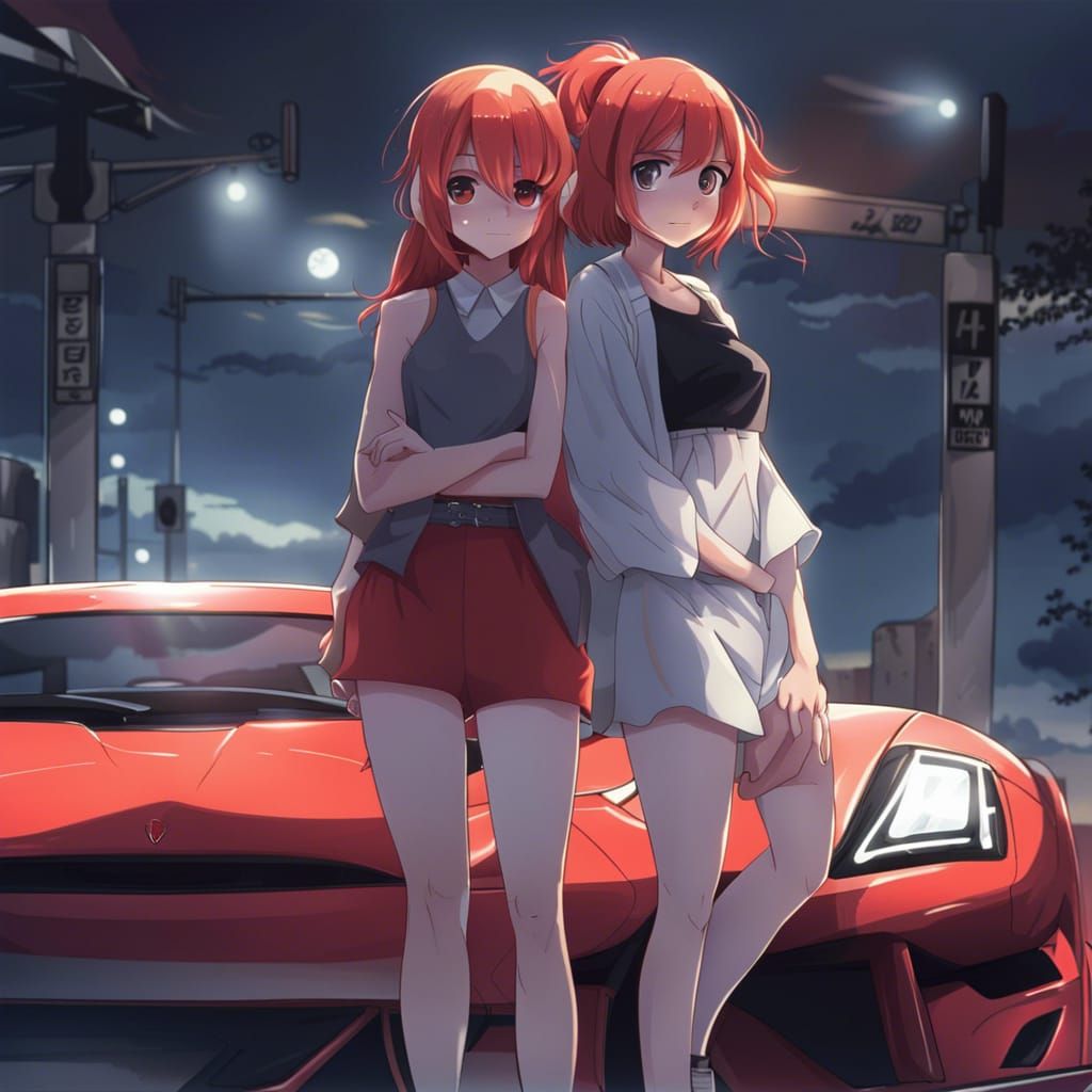 Red-Haired Girls and Supercar in Anime Style