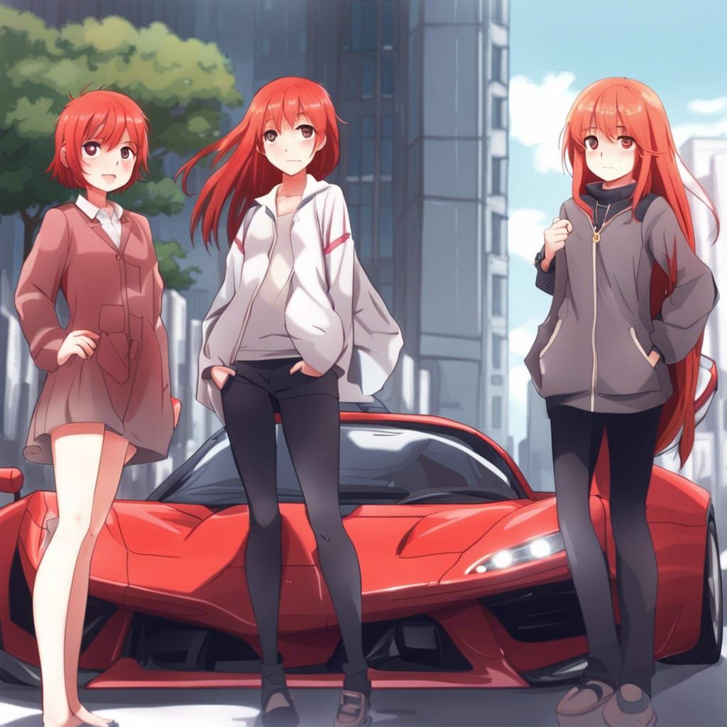 Red-Haired Girls and Supercar in Anime Style