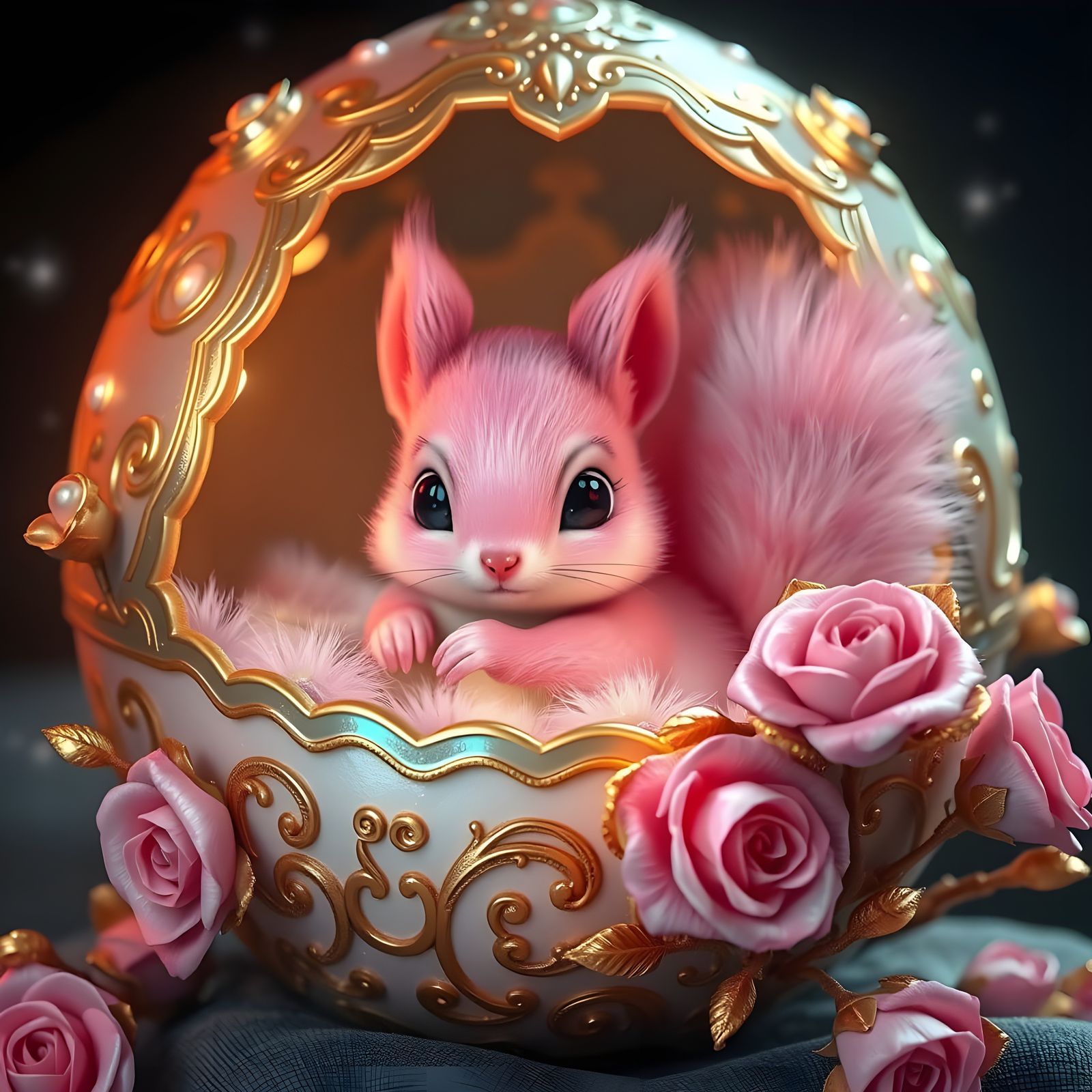 Whimsical Pink Squirrel Sits in Enchanted Egg Habitat
