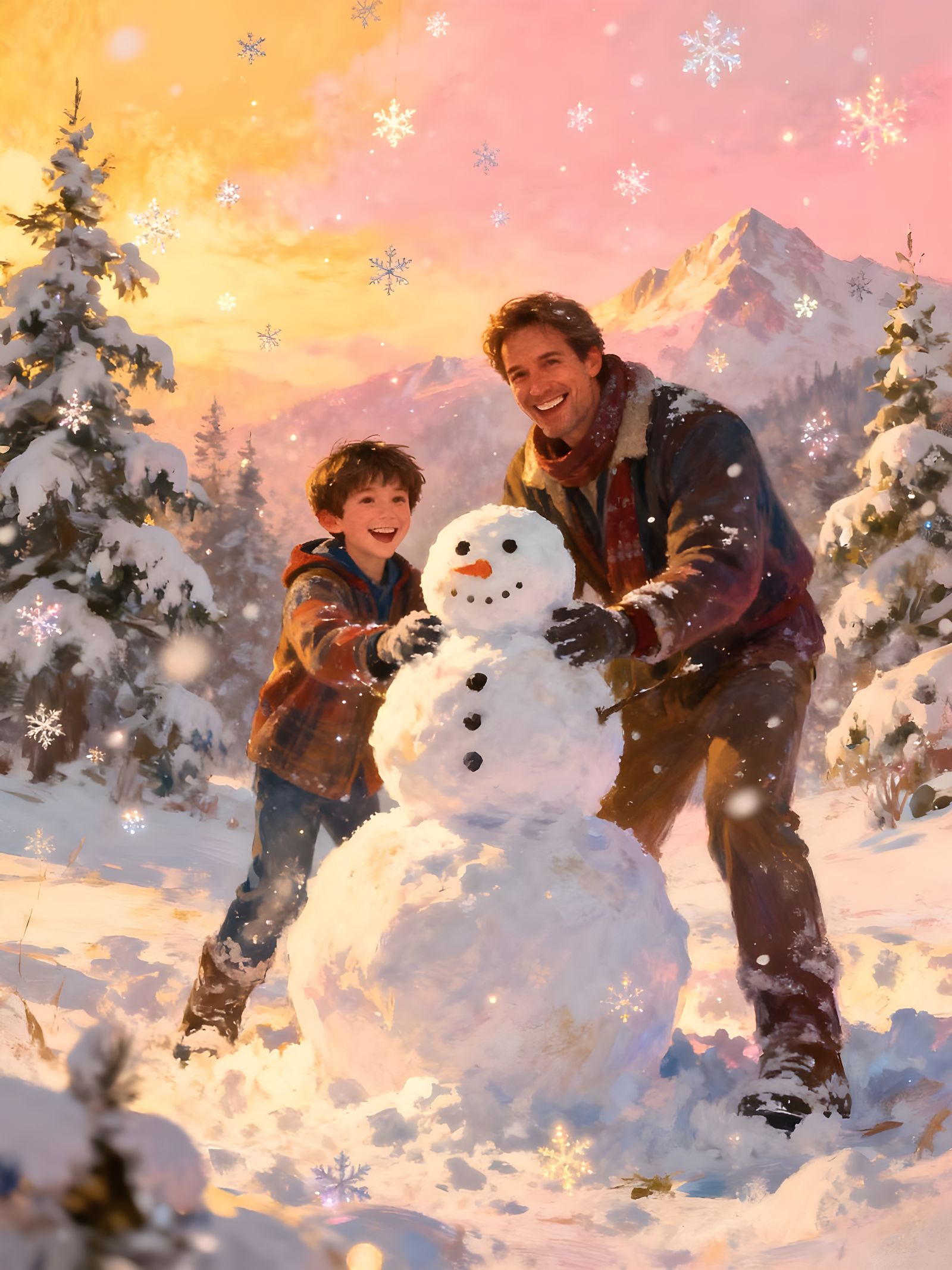Father and Son Joyfully Build Smiling Snowman