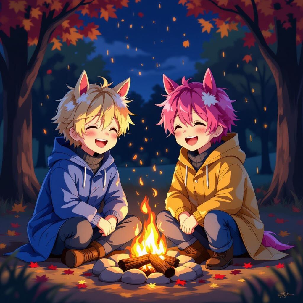 Anime Boys with Horse Ears Laughing by Firelight