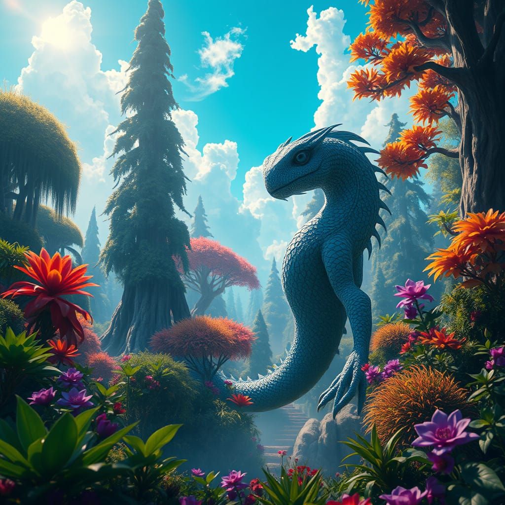 Surreal Fantasy Pleo Amidst Lush Foliage and Ancient Trees