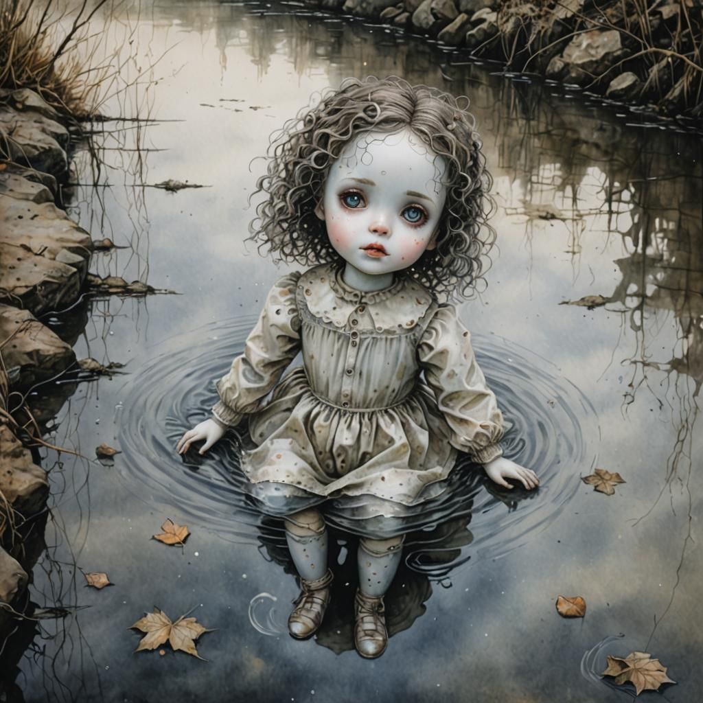 Porcelain Doll Adrift: Watercolour and Pencil Art