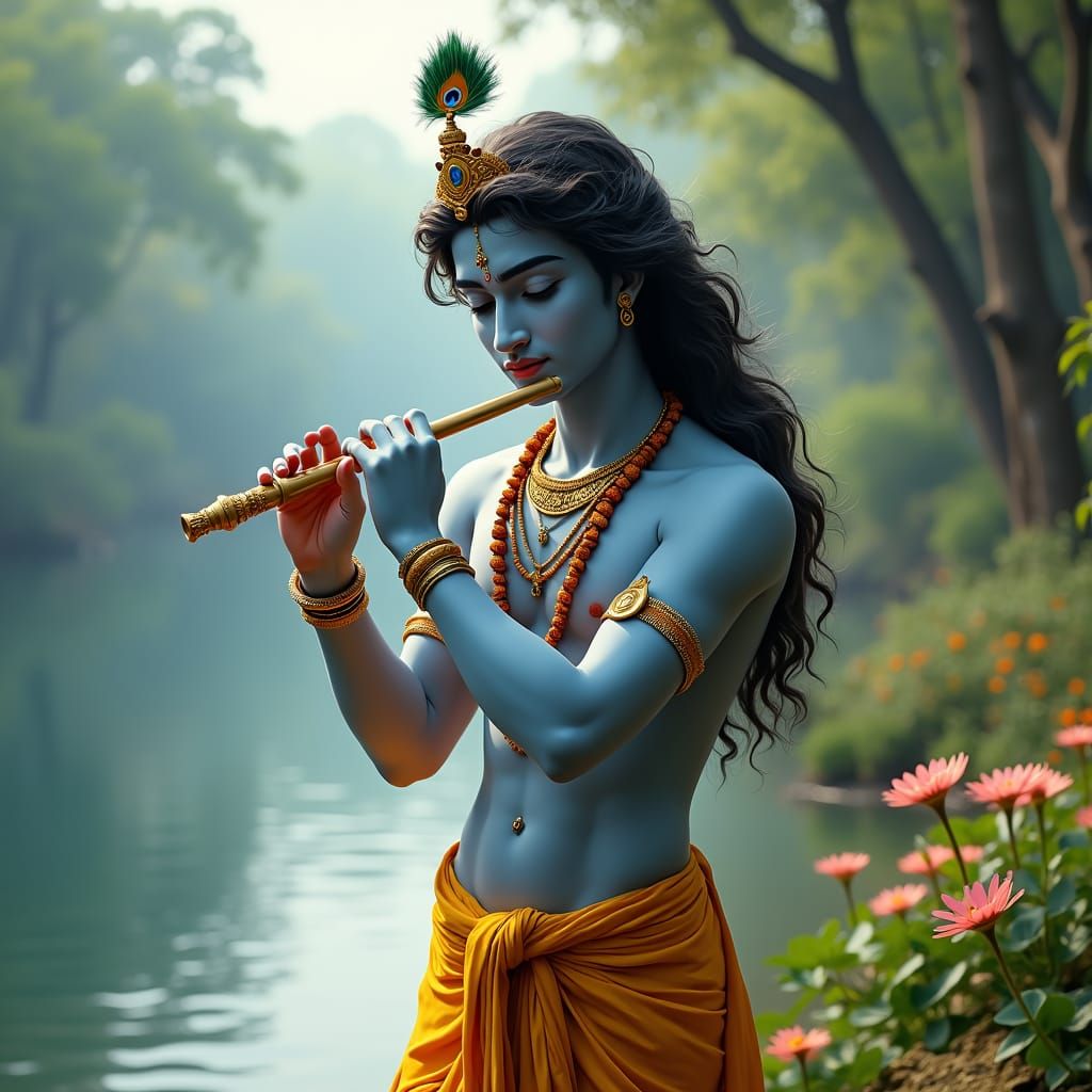 Divine Lord Krishna by Yamuna River