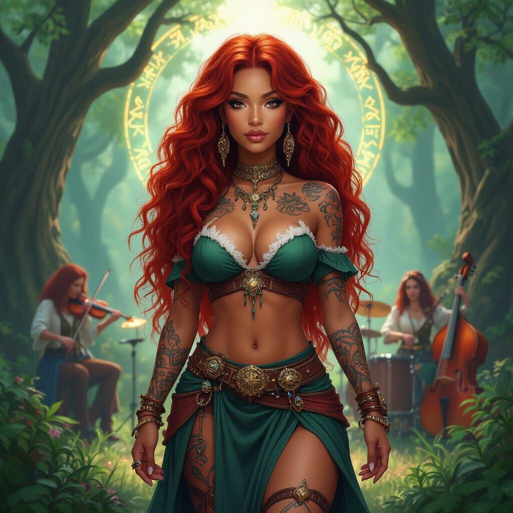 Afro-Latina Sorceress with Fiery Hair in Art Nouveau Style