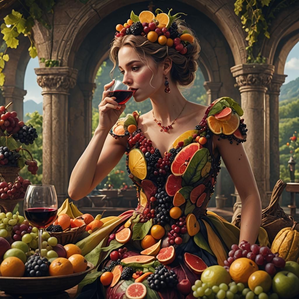 A woman wearing a dress made out of fruit as she sips a glas...