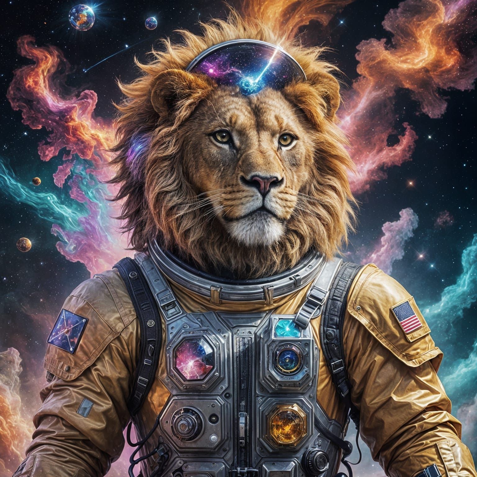Lion Astronaut in Nebula: Glitch Art Portrait