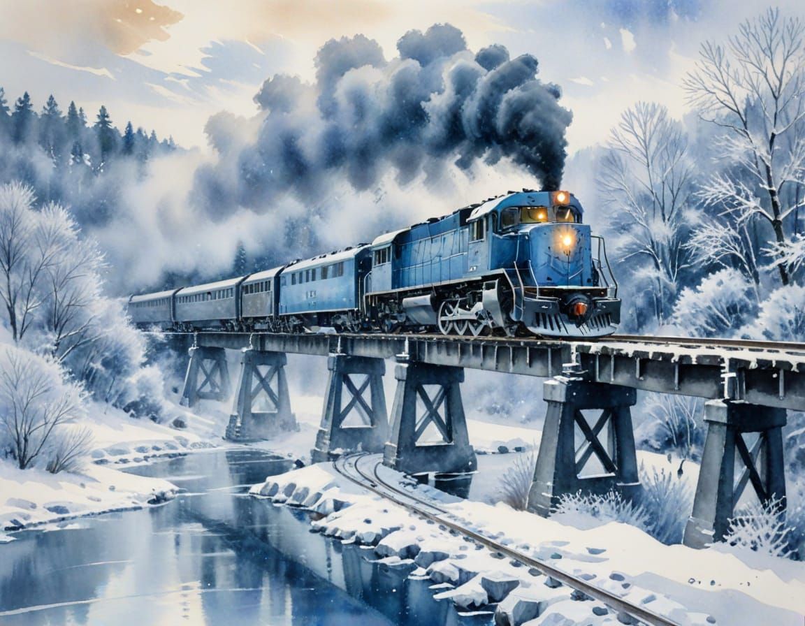 Watercolor Locomotive Crossing Frozen Bridge in Winter