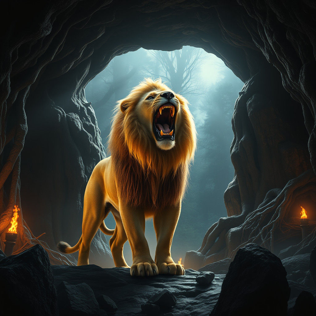 Majestic Lion Roaring in Ancient Cave