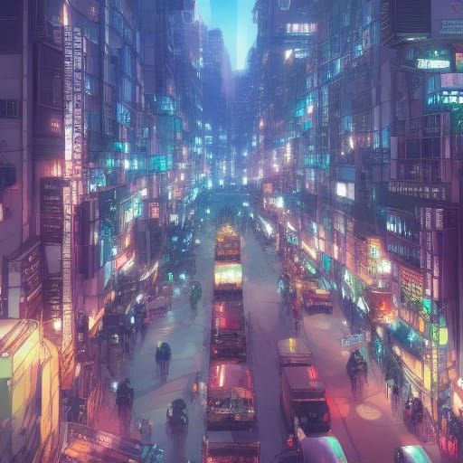 Vibrant Cityscape in Studio Ghibli Anime Style