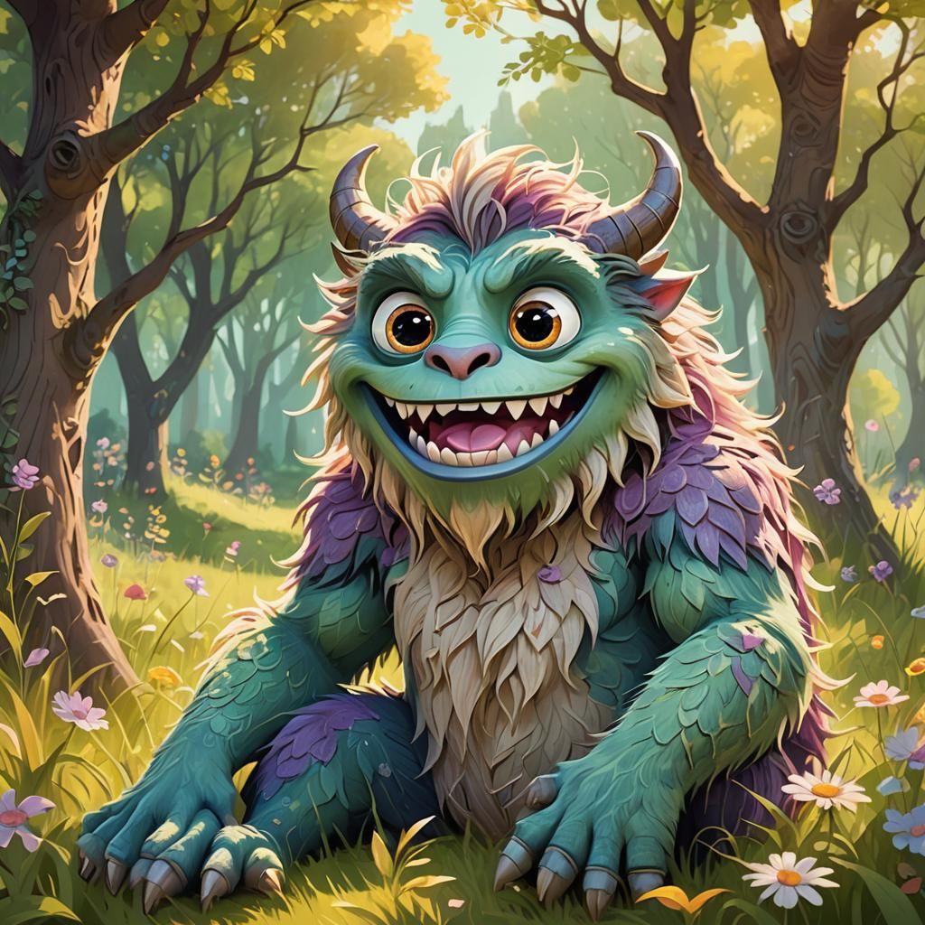 Friendly Monster in Meadow: Disney-Inspired Illustration
