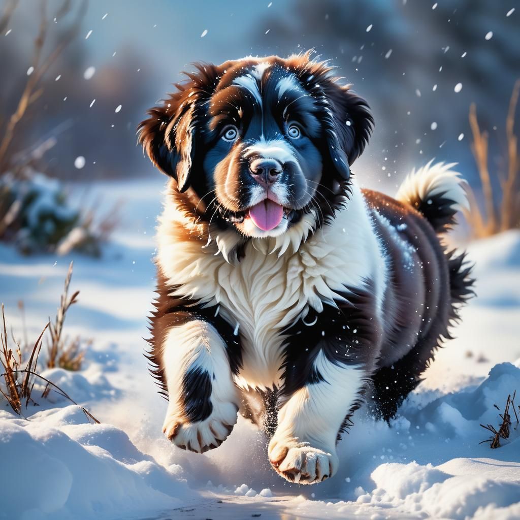 Hyperrealistic Newfoundland Puppy Playing in Snow