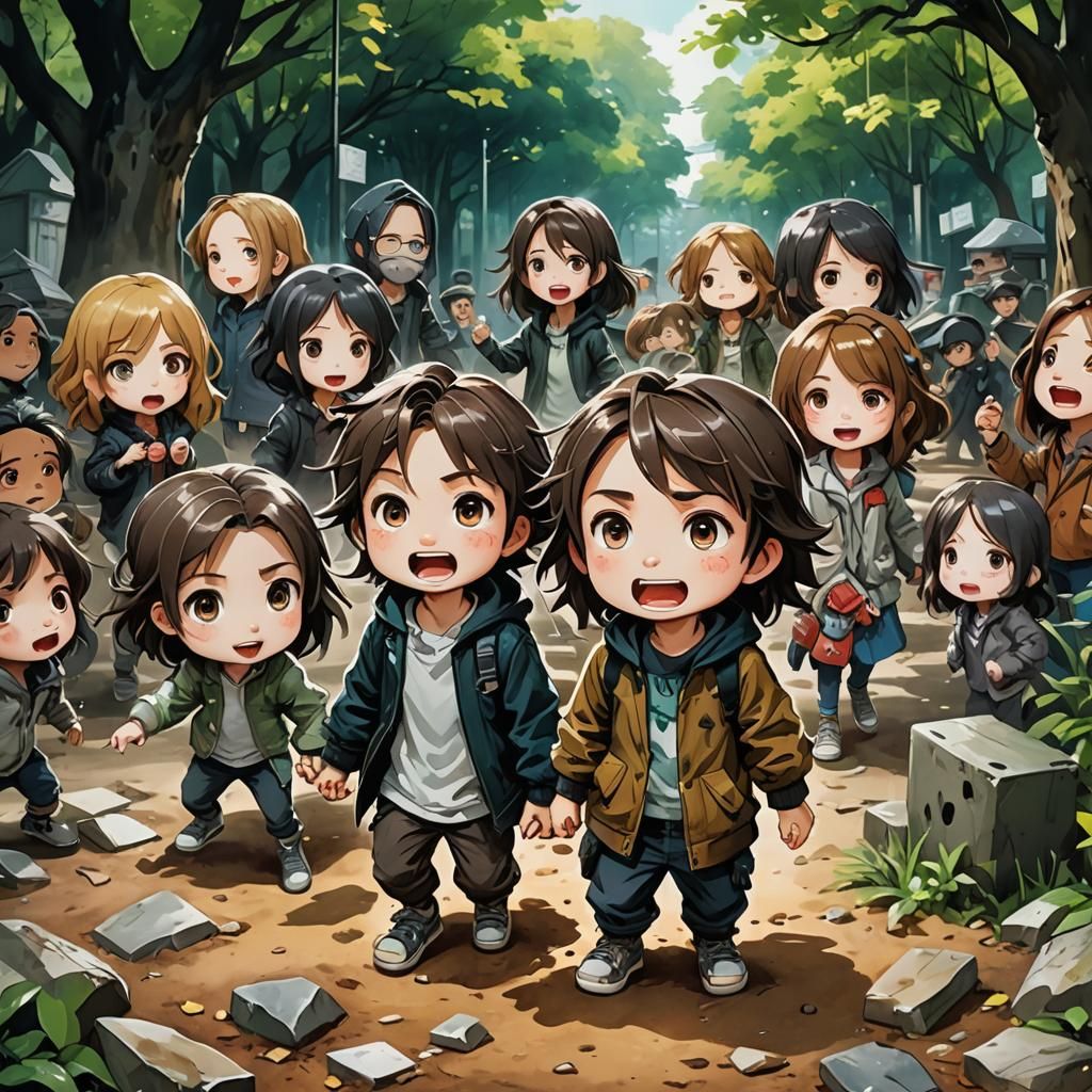 Chibi Scream Mascot in Playground, Watercolor Style