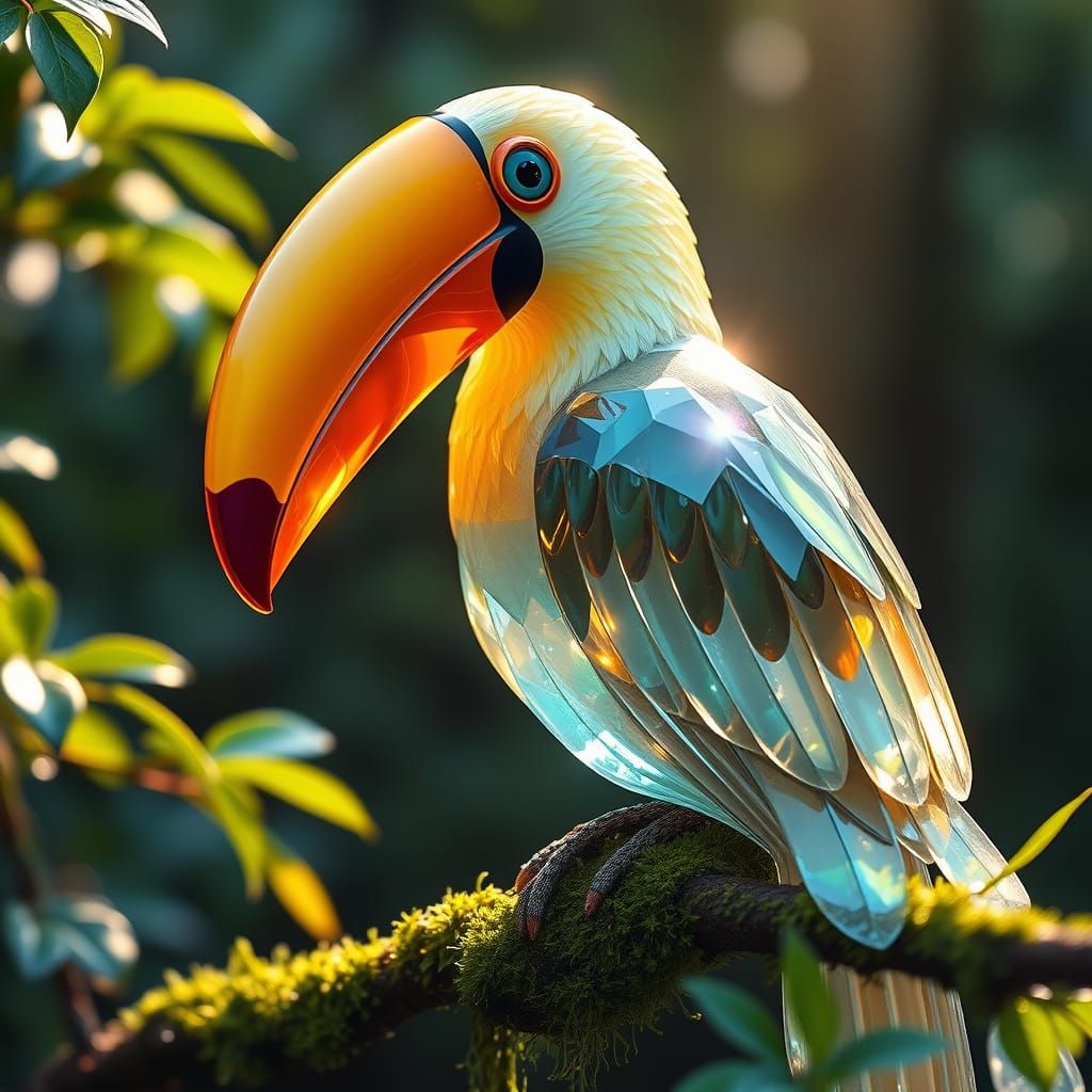 Crystal Toucan in Emerald Forest, Photorealistic Digital Art
