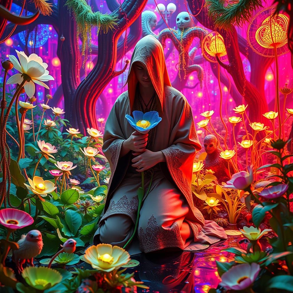 Ethereal Dreamscapes: A Robed Figure Amidst Vibrant Fantasy