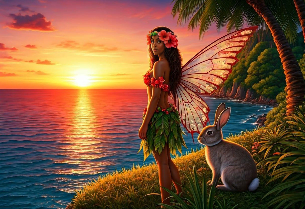 Island Fairy Contemplates Sunset in Exotic Paradise