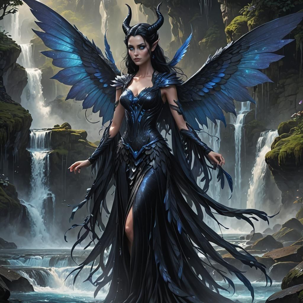 Stunning Dark Fairy Woman at Waterfall