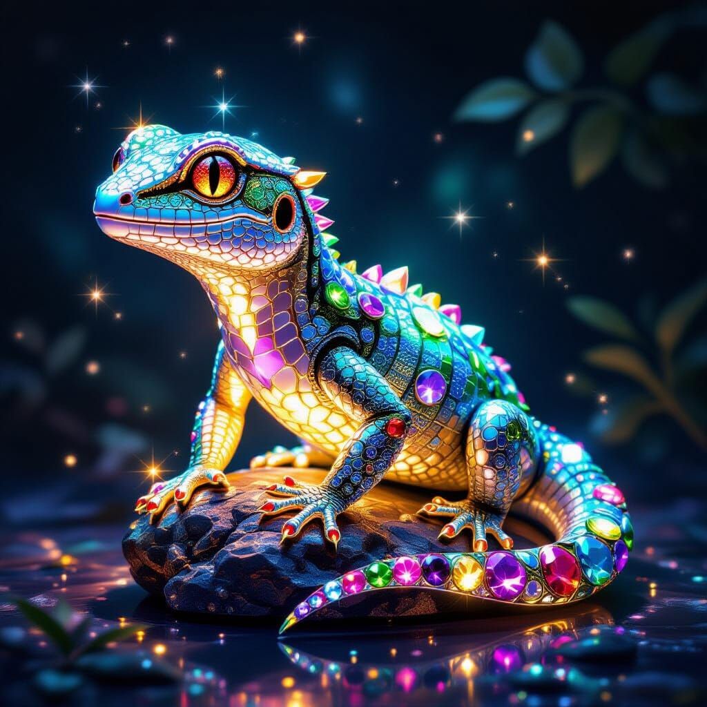An enchanted-looking jeweled crystal and glass sculpture of a gecko that glows with magical effects. Greg Rutkowski