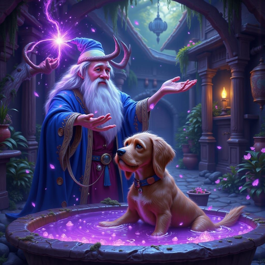 Wizard Cleans Muddy Dog with Magical Bath