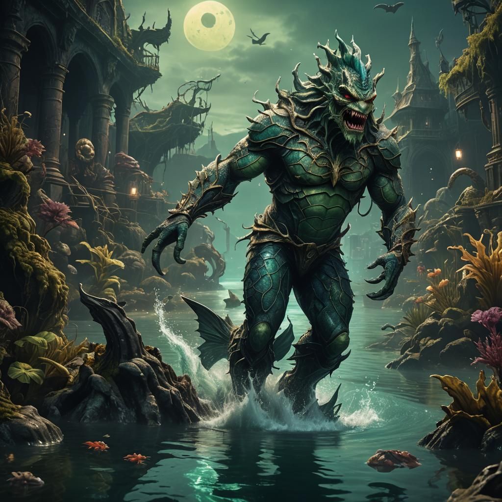 Merman Emerges from Black Lagoon: Detailed Matte Painting