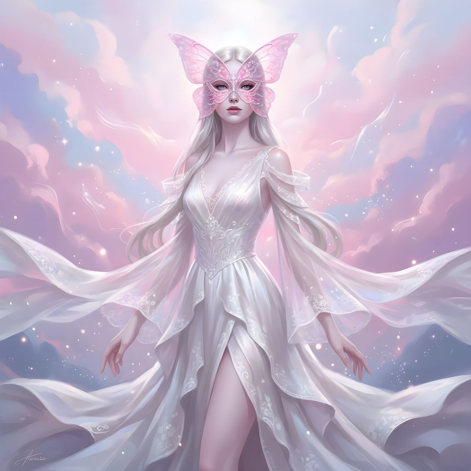 Woman with Pink Butterfly Mask in Hyper-Realistic Photograph...