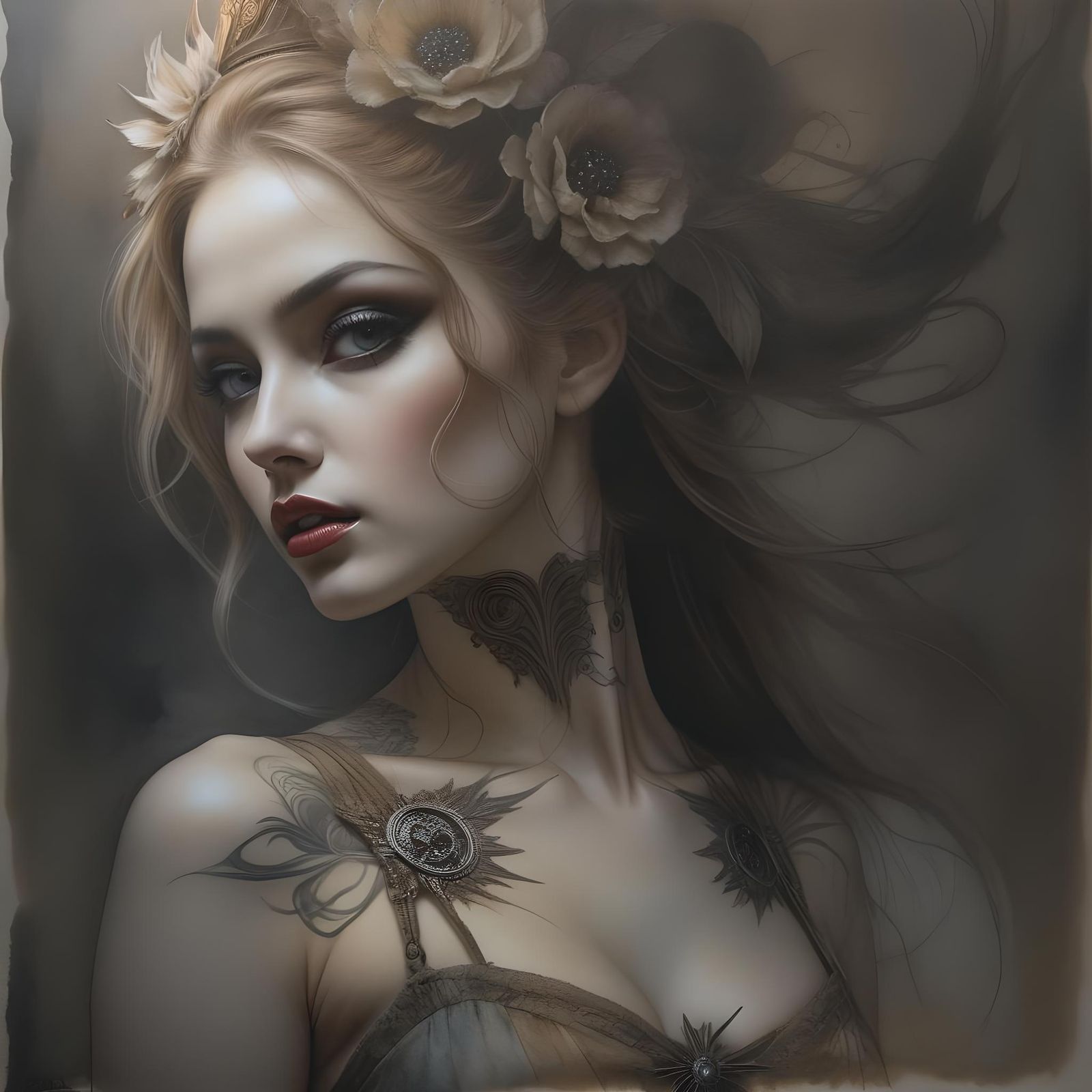 Surreal Dark Fantasy Maiden with Skullflowers