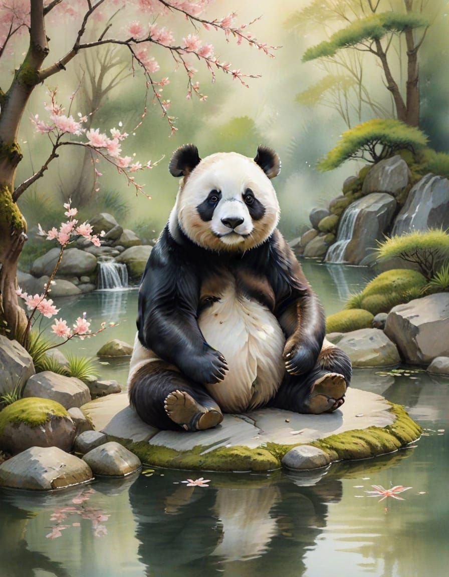 Wise Panda Meditating in Zen Garden: Watercolor Art
