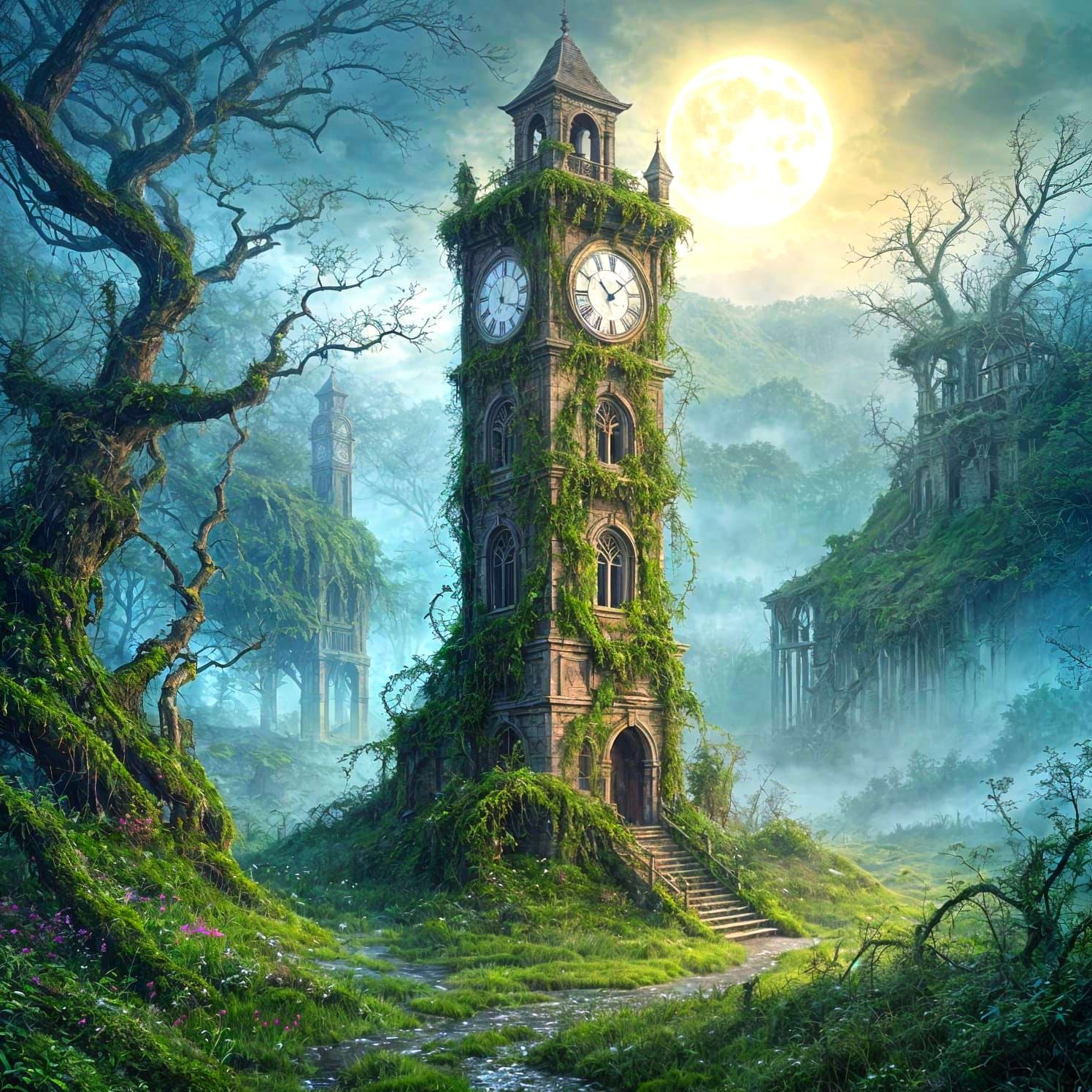 Whimsical Abandoned Clock Tower in Misty Valley