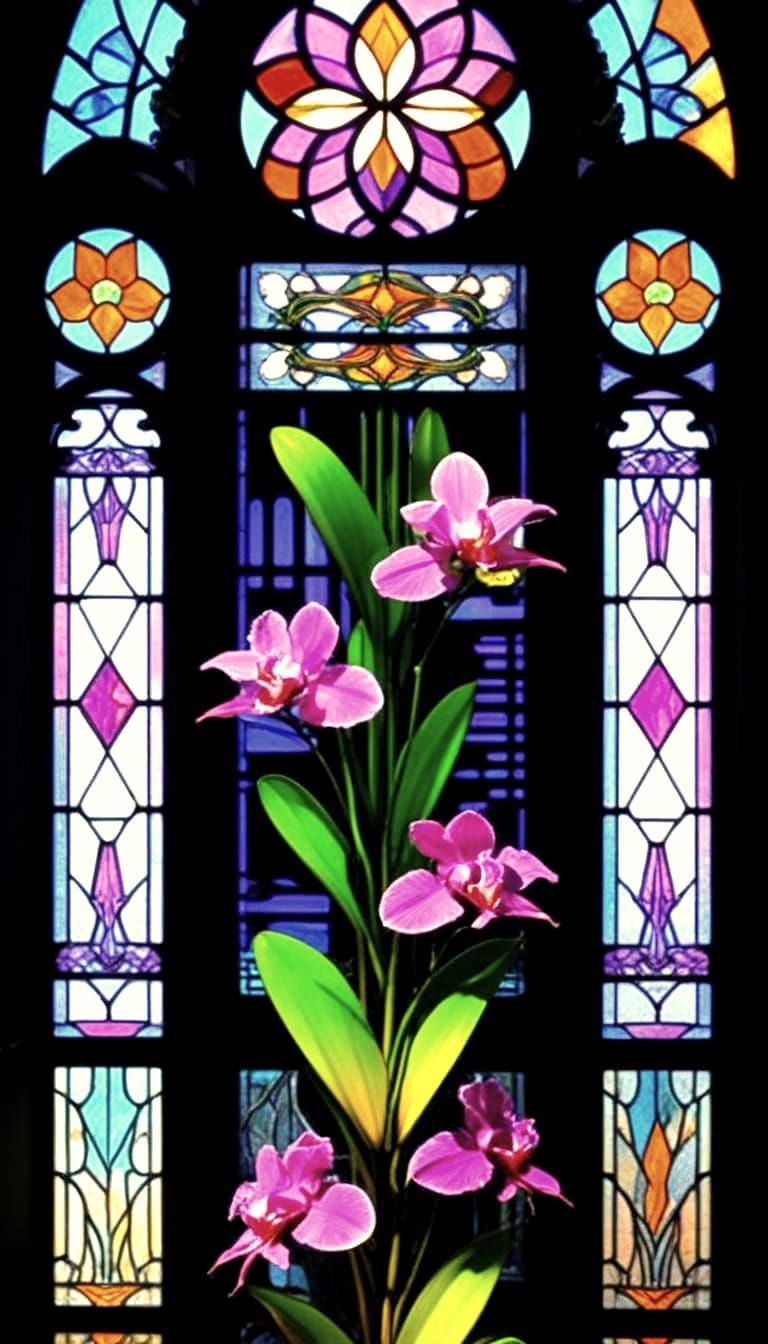 Exotic Orchids in Art Nouveau Stained Glass Style