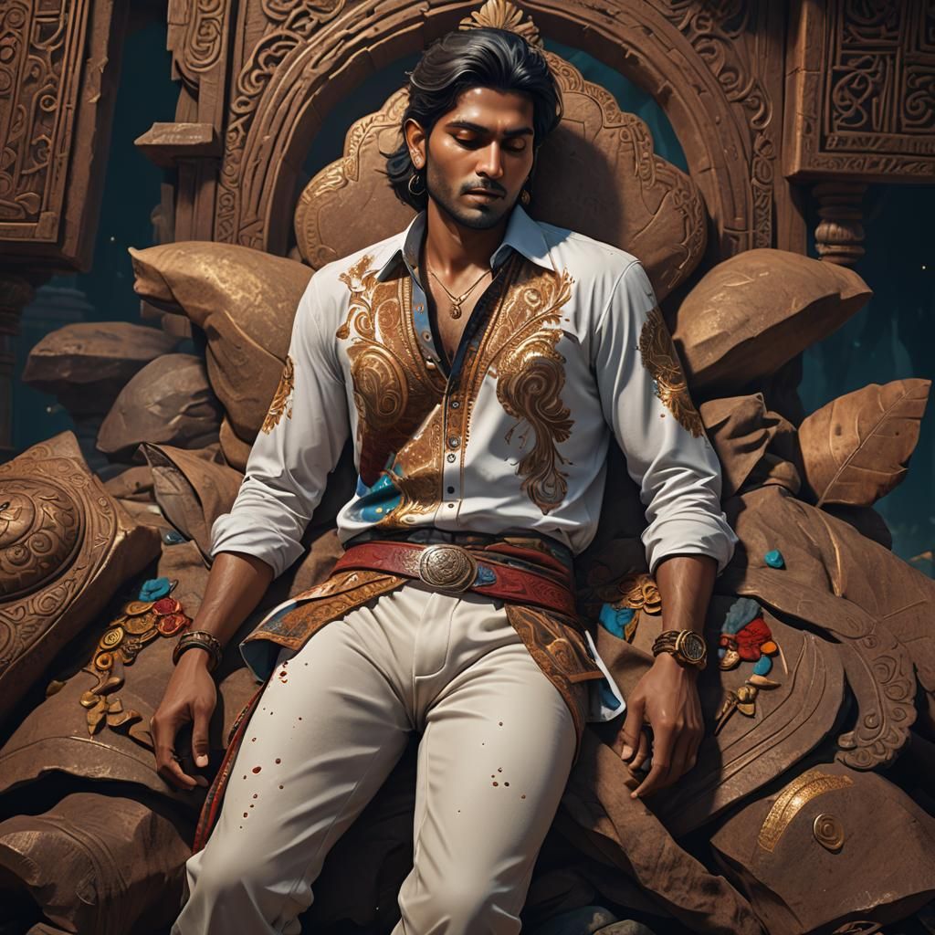 Sleeping Indian Warrior in Deep Fantasy Landscape