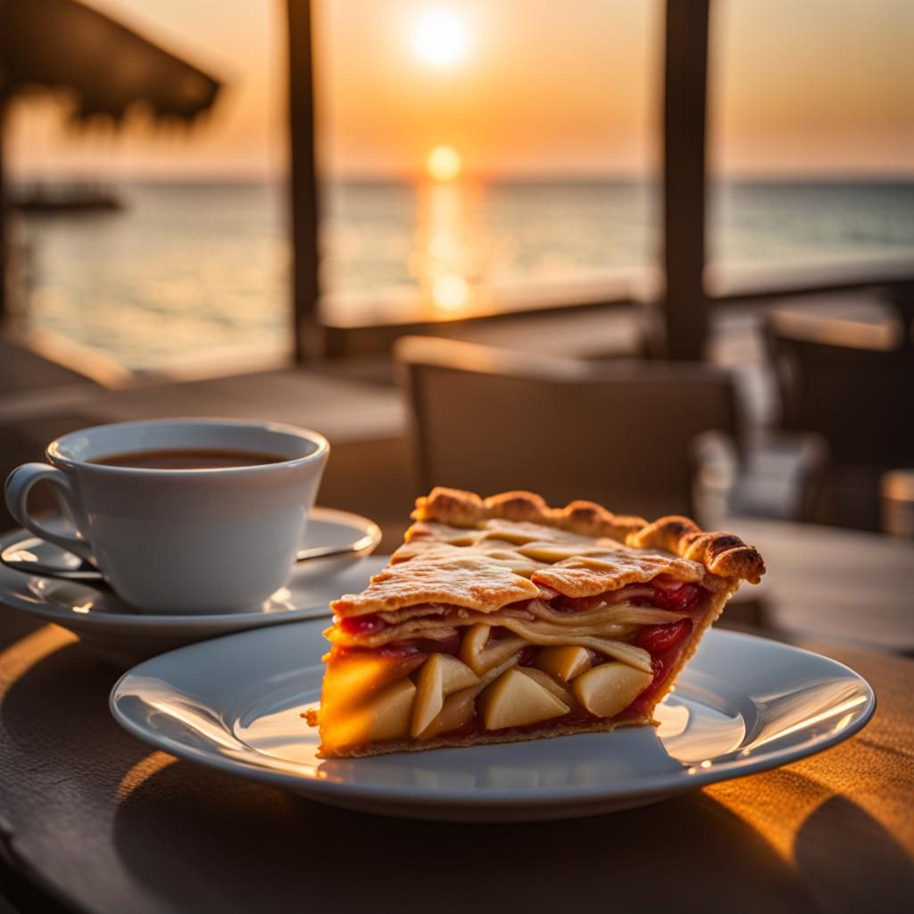 Photorealistic Apple Pie at Seaside During Golden Hour